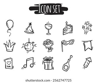 Black and white vector icon set for holiday, birthday, congratulations, party. Editable hand drawn signs and symbols for decoration, design, app, banner, website