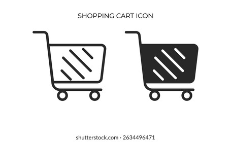A black and white vector icon set showing an empty shopping cart, with one outlined version and one solid fill.