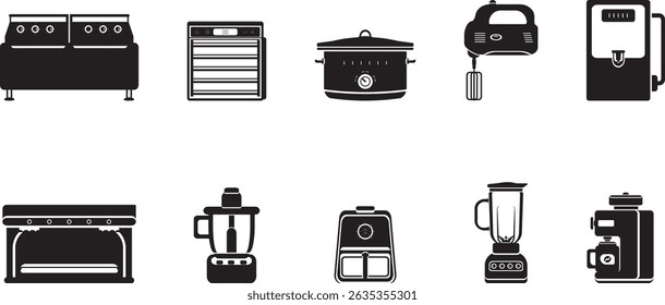 Black and white vector icon set of kitchen appliances, including deep fryer, dehydrator, mixer, blender, air fryer, and espresso machine.