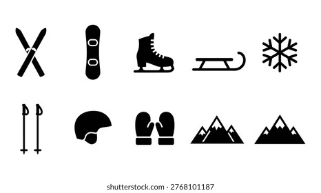 A black and white vector icon set representing various winter sports and activities. Includes symbols for skiing, snowboarding, ice skating, sledding, and a snowflake, along with essential gear like poles, a helmet, and mittens. Ideal for themes related to winter, sports, recreation, and outdoor adventures.