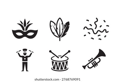 black and white vector icon set of carnival elements, including mask, feathers, drum, confetti