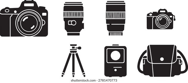 Black and white vector icon set of photography equipment, featuring various cameras, lenses, a tripod, a flash unit, and a camera bag for professional use.
