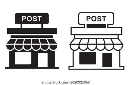 Black and white vector icon set featuring a post office building with a sign, presented in two different styles.