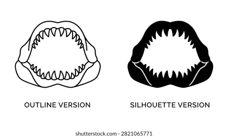 Black and white vector icon set of a scary shark mouth with sharp teeth in outline and solid silhouette style