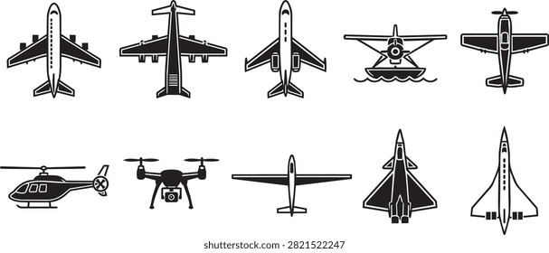 A black and white vector icon set featuring silhouettes of diverse flying machines, including commercial airplanes, helicopters, seaplanes, fighter jets, gliders, and a camera drone.