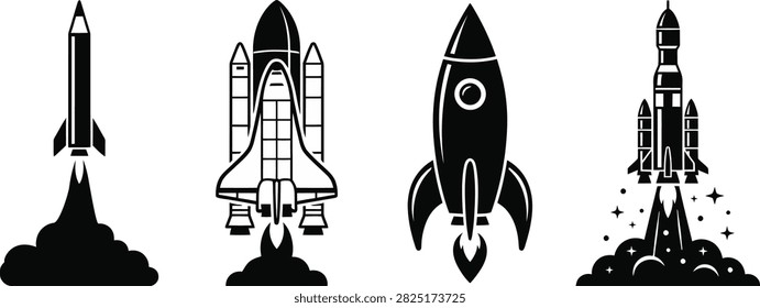 Black and white vector icon set featuring space rockets and space shuttle launching into space with flame and smoke clouds.