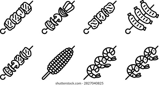 Black and white vector icon set featuring delicious street food skewers, meat, and seafood in minimalist style.