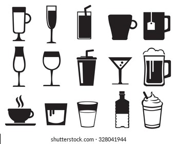 Black and white vector icon set of drinks in variety of glasses and cups isolated on white background.