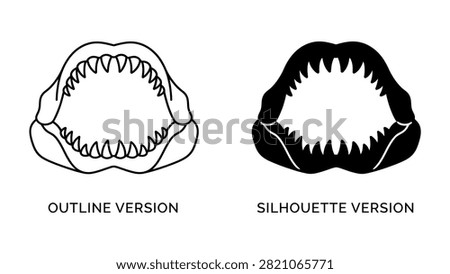 Black and white vector icon set of a scary shark mouth with sharp teeth in outline and solid silhouette style