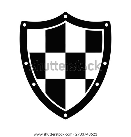 A black and white vector icon of a shield with a checkered pattern and riveted border, representing security, protection, defense, and safety for logos or web design.
