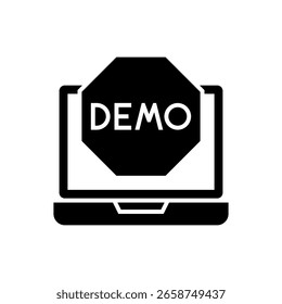 Icono de Vector en blanco y negro que muestra la palabra DEMO en una pantalla de computadora portátil en un formato de insignia limpio y moderno