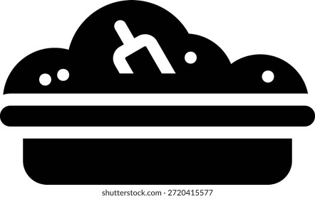 Un ícono de Vector blanco y negro que muestra una pila de tierra o tierra en un recipiente con una Pequeña paleta de jardinería insertada, que representa la siembra o la horticultura.