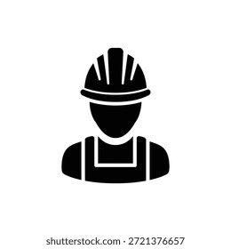 Icono de Vector blanco y negro que muestra al trabajador de la construcción con sombrero duro y overoles