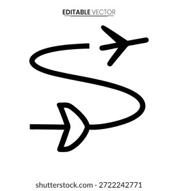 Ein schwarz-weißes Vektorsymbol, das ein Flugzeug mit gekrümmter Flugbahn und Pfeil zeigt.