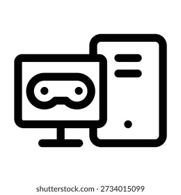 Un ícono de Vector en blanco y negro que muestra un monitor de juego con un ícono de controlador en la pantalla, ubicado junto a una unidad de torre de servidor. Esta ilustración representa una configuración de PC de juegos, alojamiento de servidores o infraestructura de juegos en línea.