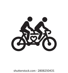 A black and white vector icon showing two people riding a tandem bicycle where the frame design features a romantic heart shape in the center.