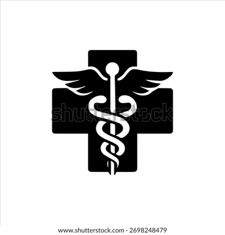 Black and white vector icon showing a caduceus symbol with wings and snakes on a cross, representing medicine, pharmacy, and healthcare institutions.