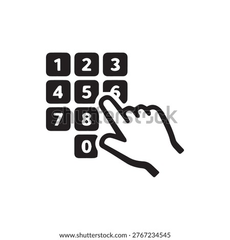 Black and white vector icon showing a finger pressing the number six on a digital number pad representing data entry security access or dialing.