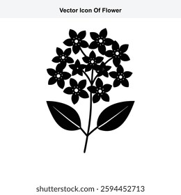 Black and White Vector Icon of a Simple Flower with Leaves