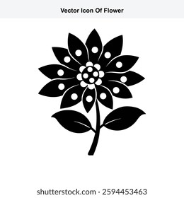 Black and White Vector Icon of a Simple Flower with Petals and Leaves