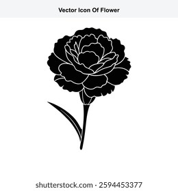 Black and White Vector Icon of a Single Carnation Flower with Stem and Leaves