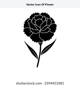 Black and White Vector Icon of a Single Carnation Flower with Leaves