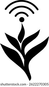 Black and white vector icon of a smart farming concept, featuring a plant with wireless signal waves above it, symbolizing IoT-based agricultural technology, crop, and precision farming