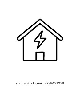 Black and white vector icon of smart energy efficient house with electricity lightning symbol simple line illustration