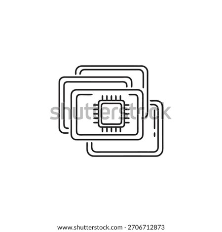 Black and white vector icon of stacked computer microchips symbol for computer science technology and digital processing