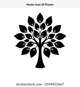 Black and white vector icon of a stylized flower tree with many leaves