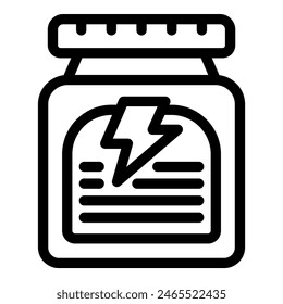 Icono de Vector blanco y negro de una botella de suplemento con una etiqueta de tornillo de energía que indica un impulso o potencia