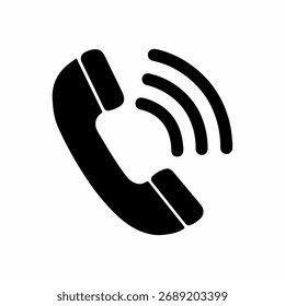 Icono de Vector en blanco y negro de un receptor telefónico con ondas sonoras, que simboliza una llamada o comunicación telefónica activa. Simple, audaz y perfecto para el diseño de la interfaz de contacto o llamada.