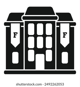 Black and white vector icon of a traditional fire station with 'f' banners