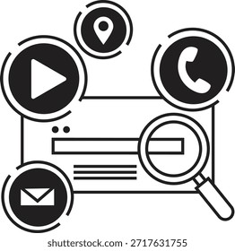 Vetor em preto-e-branco de uma janela do navegador do site rodeado por símbolos de comunicação e mídia, incluindo lupa, telefone, botão de reprodução, envelope de email e pino de localização, representando suporte ao cliente multicanal e pesquisa online.