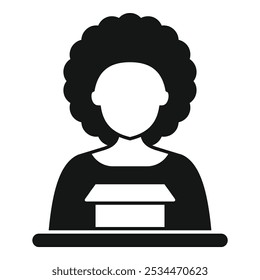 Black and white vector icon of a woman holding a cardboard box behind a counter