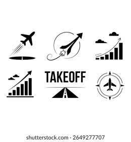 Black and white vector icons airplane takeoff growth chart upward arrow runway compass business success travel journey concept