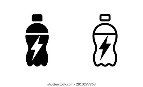 Black and white vector icons of bottles with lightning bolt symbols in solid and outline styles, representing energy drinks, power beverages, vitality, and modern digital product concepts.