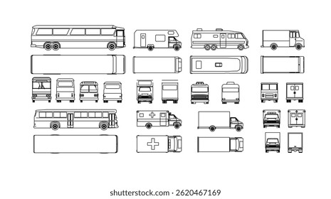 Black and white vector icons of a bus and an ambulance in minimalist style. Perfect for transport apps, signage, and urban design.