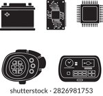 Black and white vector icons of car battery, microchip, remote, and dashboard control panel.