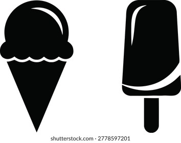 Black and white vector icons of a classic ice cream cone and a popsicle, representing frozen desserts and summer treats, isolated on white background.