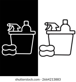 Iconos vectoriales en blanco y negro de suministros de limpieza, con un cubo con botellas de spray y líquido, y una esponja.