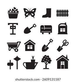 black and white vector icons depicting gardening essentials like a shovel, watering can, wheelbarrow, and potted plants.