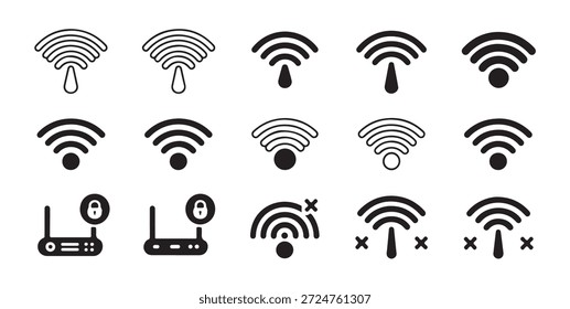 Iconos vectoriales en blanco y negro que representan el Estado de conectividad de red inalámbrica y las Formas de contorno de hardware del enrutador