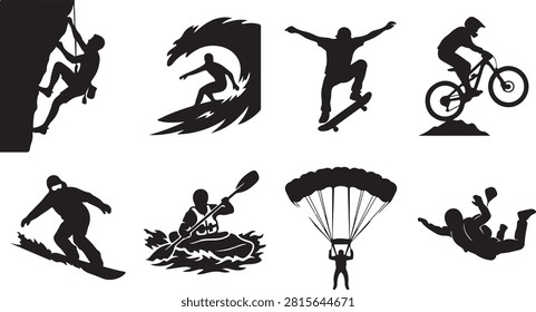 Black and white vector icons depicting various thrilling activities like surfing, skateboarding, BMX, paragliding, and more for adventure and sports themes.
