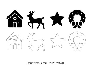 Black and white vector icons depicting a house, reindeer, star, and wreath, all in silhouette style against a white background.