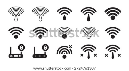 Black and white vector icons depicting wireless network connectivity status and router hardware outline shapes