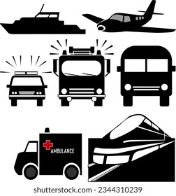 Black and white vector icons of different transportation modes, versatile for various design projects."