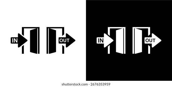 Iconos vectoriales en blanco y negro de puertas con flechas "IN" y "OUT". Perfecto para señalización, navegación, espacios públicos, direcciones y gráficos de orientación de instalaciones.