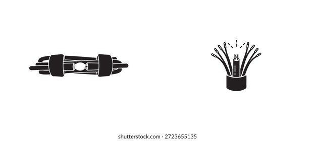 Schwarz-Weiß-Vektorsymbole von elektrischen Kabeln. Links: ein horizontales Bündel von Drähten, die durch zwei dicke Bänder gesichert sind. Rechts: ein vertikaler Querschnitt mit innenliegenden isolierten Kupferleitern, die von einem dicken Außenmantel ausgehen