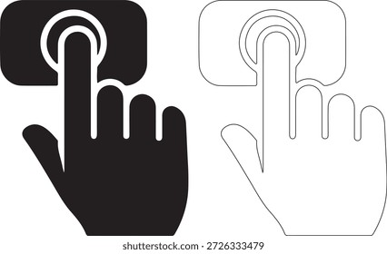 Black and white vector icons of a hand clicking a button on a screen with a white background, simple and modern design